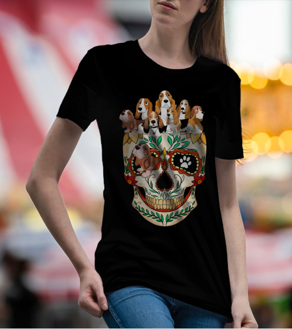 Basset Hound Sugar Skull With Colorful Floral And Paw Print Motif T-Shirt