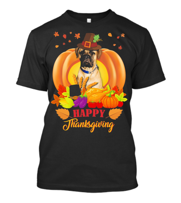 BullMastiff Happy Thanksgiving Dog With Hat And Harvest Elements T-Shirt