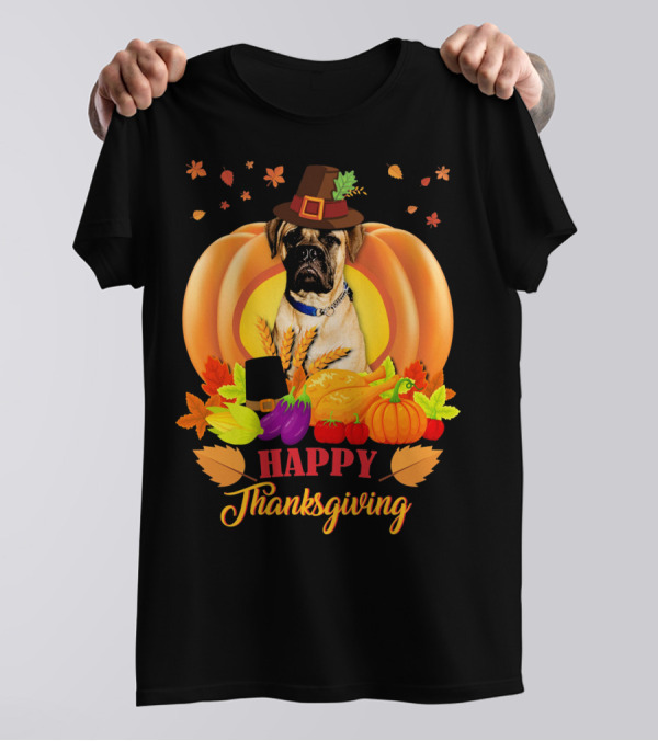 BullMastiff Happy Thanksgiving Dog With Hat And Harvest Elements T-Shirt