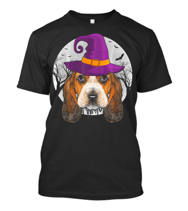 Basset Hound Witch With Purple Hat Funny Halloween Dog Moon Bats Trees T-Shirt