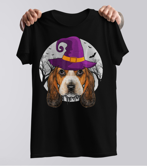 Basset Hound Witch With Purple Hat Funny Halloween Dog Moon Bats Trees T-Shirt