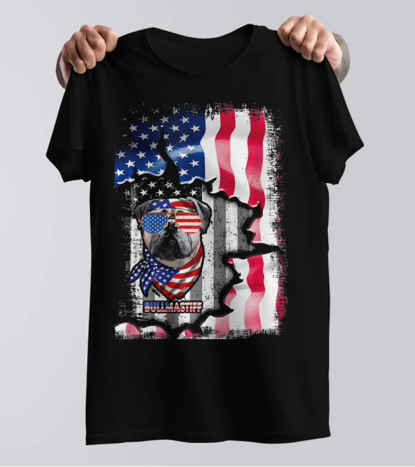 Bullmastiff Dog American Flag Lover Fun T-Shirt