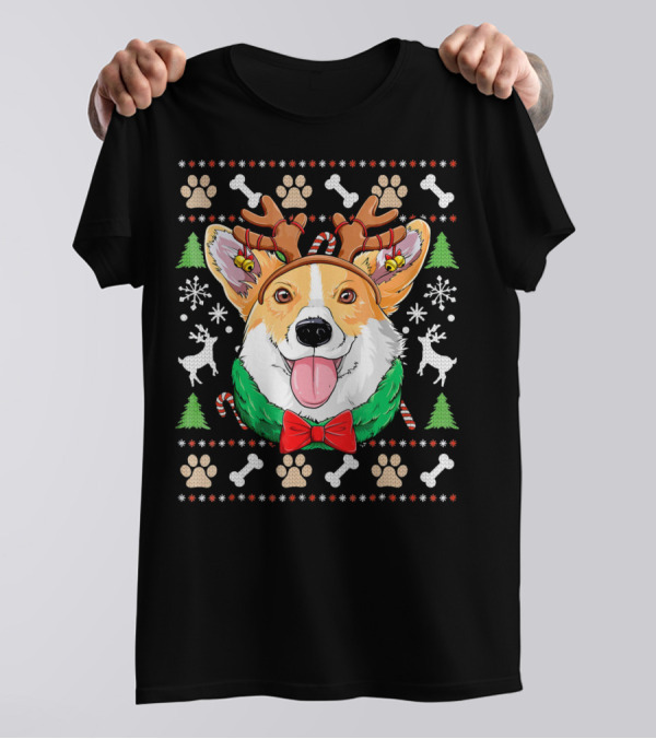 Corgi Ugly Christmas Reindeer Antler Festive Paw Prints Candy Canes Snowflakes T-Shirt