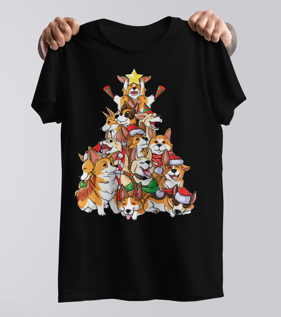 Corgi Christmas Tree Merry Corgm Holiday Dog Pile T-Shirt