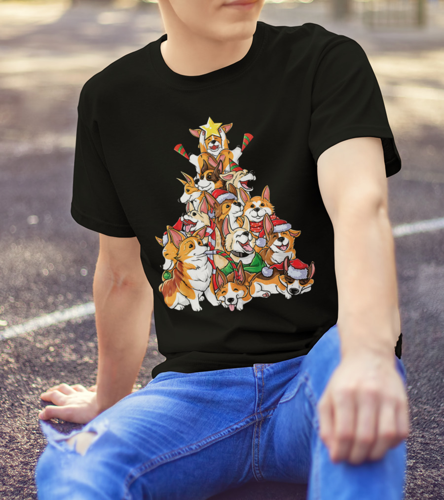 Corgi Christmas Tree Merry Corgm Holiday Dog Pile T-Shirt