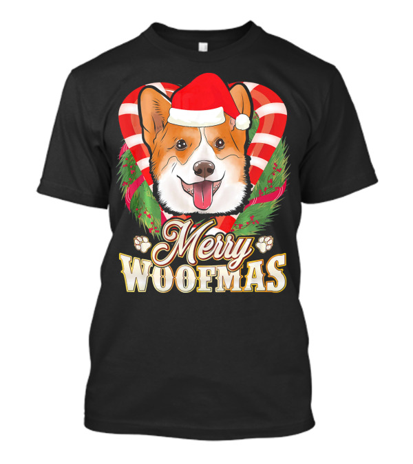 Merry Woofmas Corgi Santa Claus With Candy Cane And Holiday Wreath T-Shirt