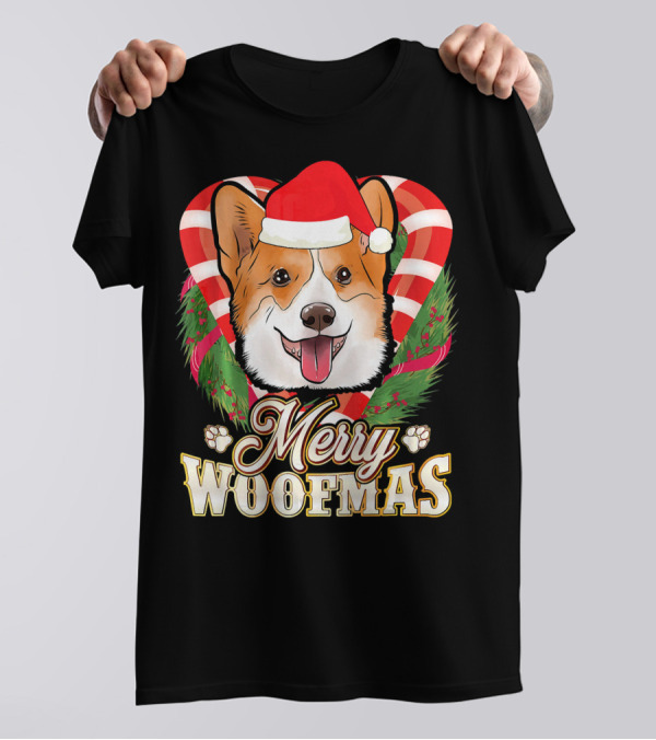 Merry Woofmas Corgi Santa Claus With Candy Cane And Holiday Wreath T-Shirt