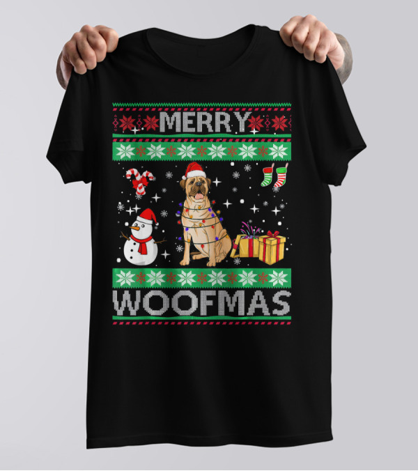 Merry Woofmas Bullmastiff Dog With Holiday Decorations And Snowman T-Shirt