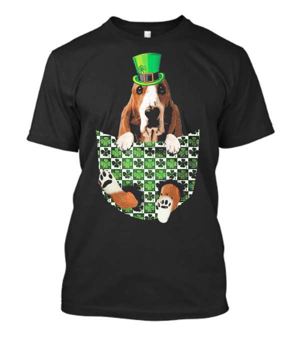 Basset Hound Leprechaun Hat Shamrock Pocket Green T-Shirt
