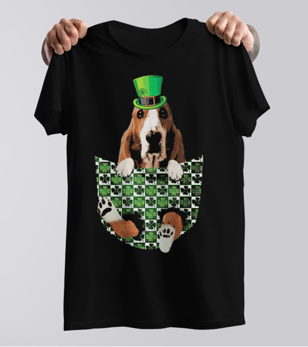 Basset Hound Leprechaun Hat Shamrock Pocket Green T-Shirt