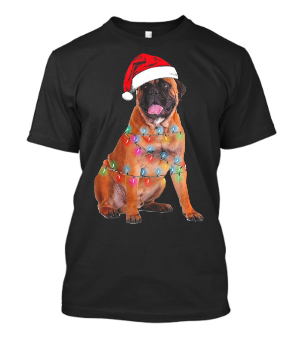 Bullmastiff With Santa Hat Wrapped In Colorful Christmas Lights T-Shirt