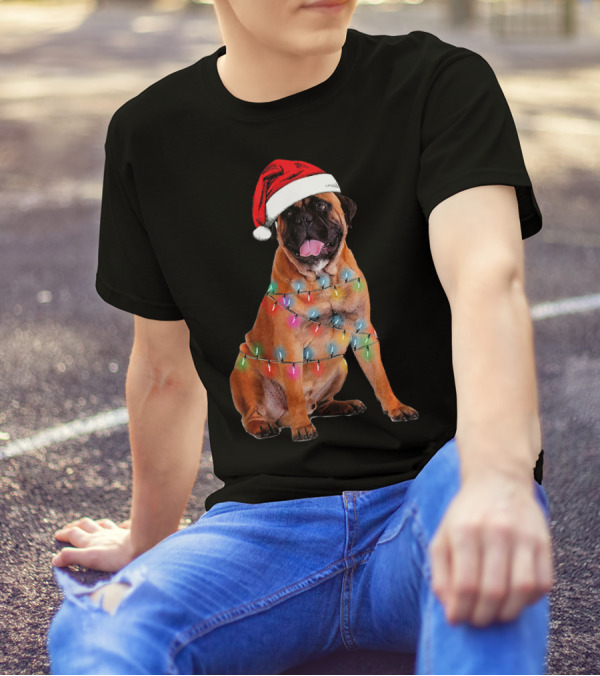 Bullmastiff With Santa Hat Wrapped In Colorful Christmas Lights T-Shirt
