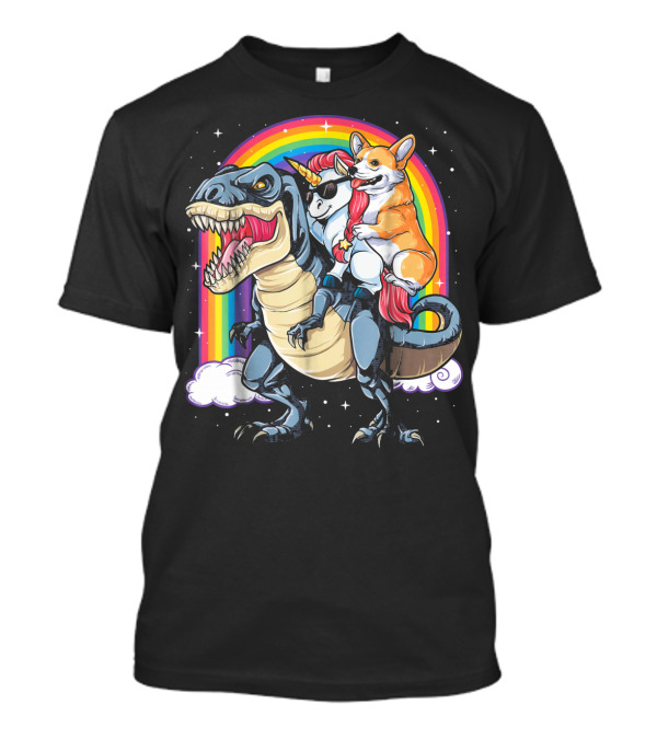 Corgi Riding Unicorn Trex Rainbow Adventure T-Shirt