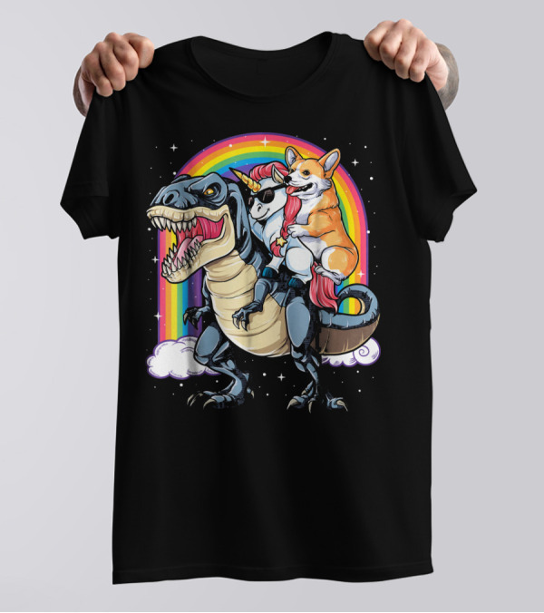 Corgi Riding Unicorn Trex Rainbow Adventure T-Shirt