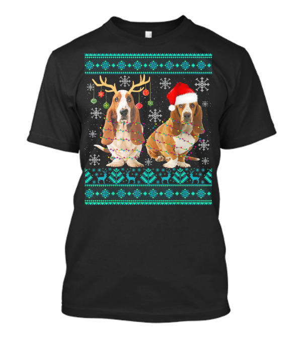 Cute Basset Hound Dog With Christmas Lights Antlers Santa Hat Snowflakes And Reindeer T-Shirt