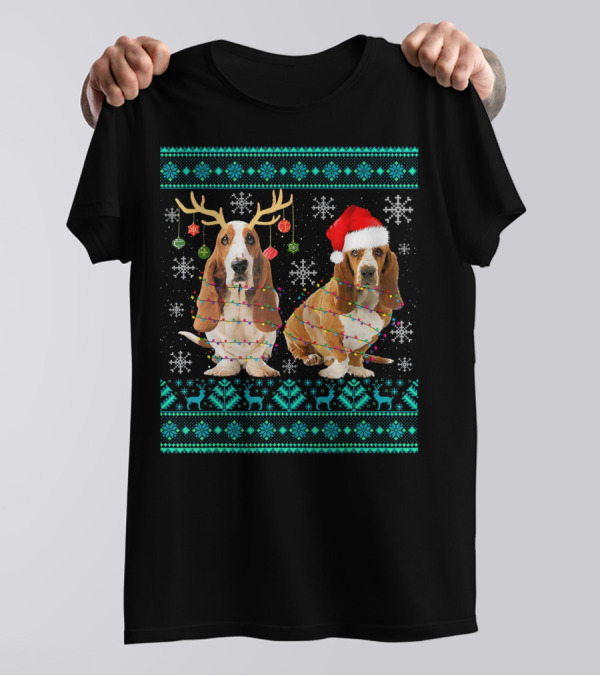 Cute Basset Hound Dog With Christmas Lights Antlers Santa Hat Snowflakes And Reindeer T-Shirt