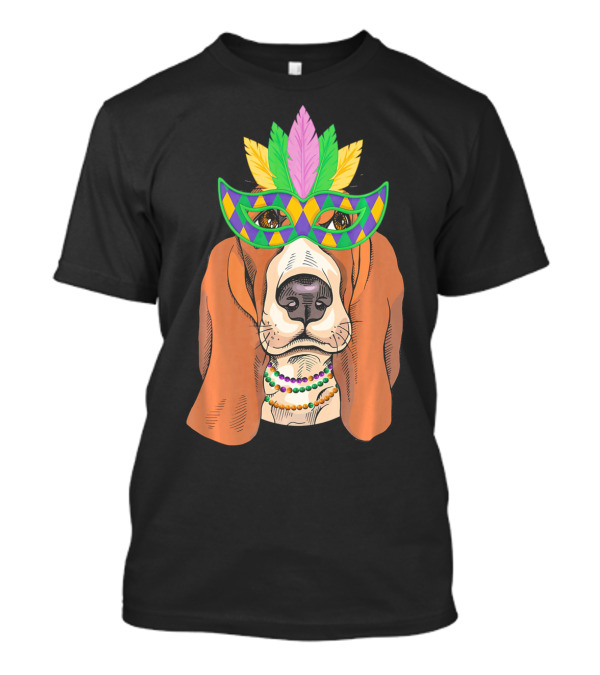 Basset Hound With Mardi Gras Mask And Beaded Necklace T-Shirt