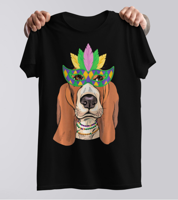 Basset Hound With Mardi Gras Mask And Beaded Necklace T-Shirt