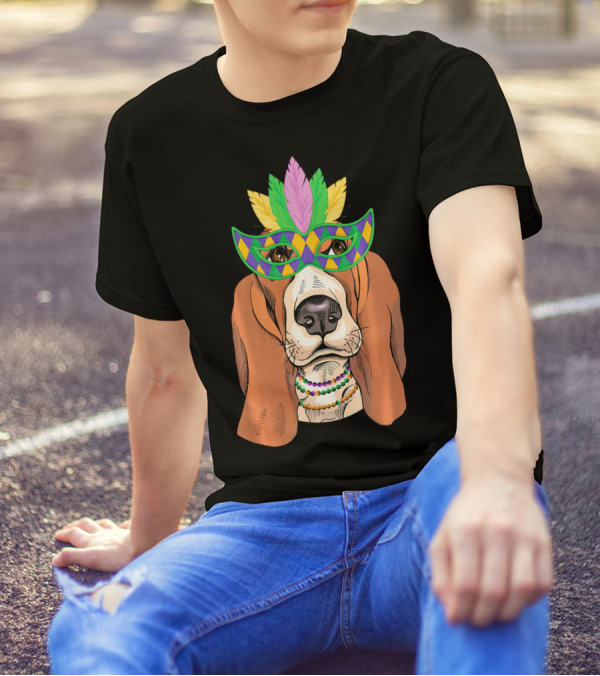 Basset Hound With Mardi Gras Mask And Beaded Necklace T-Shirt