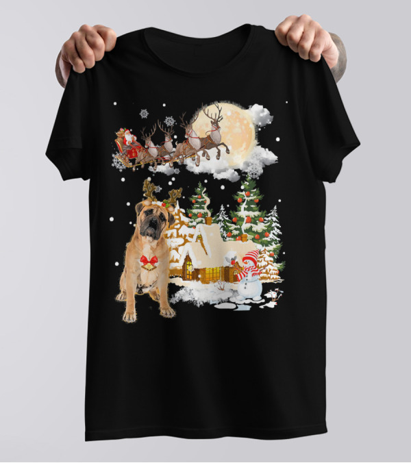 BullMastiff Christmas Reindeer Santa Sleigh Winter Wonderland T-Shirt