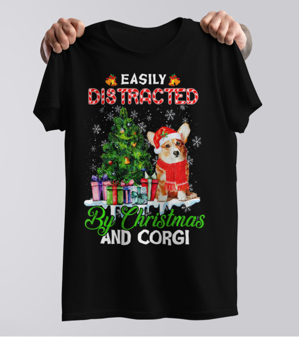 Easily Distracted By Christmas And Corgi Snowflakes Tree Presents T-Shirt