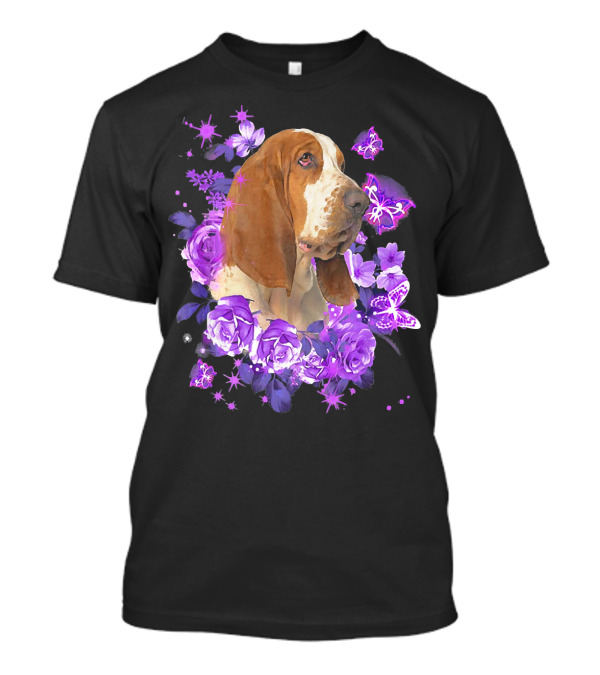 Basset Hound Surrounded By Purple Flowers And Butterflies T-Shirt