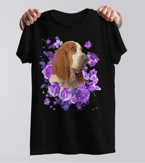 Basset Hound Surrounded By Purple Flowers And Butterflies T-Shirt