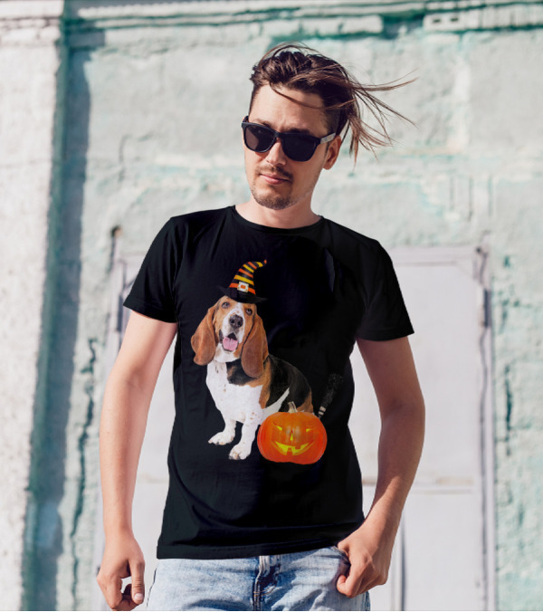 Basset Hound Witch Hat Halloween Dog Costume Pumpkin T-Shirt