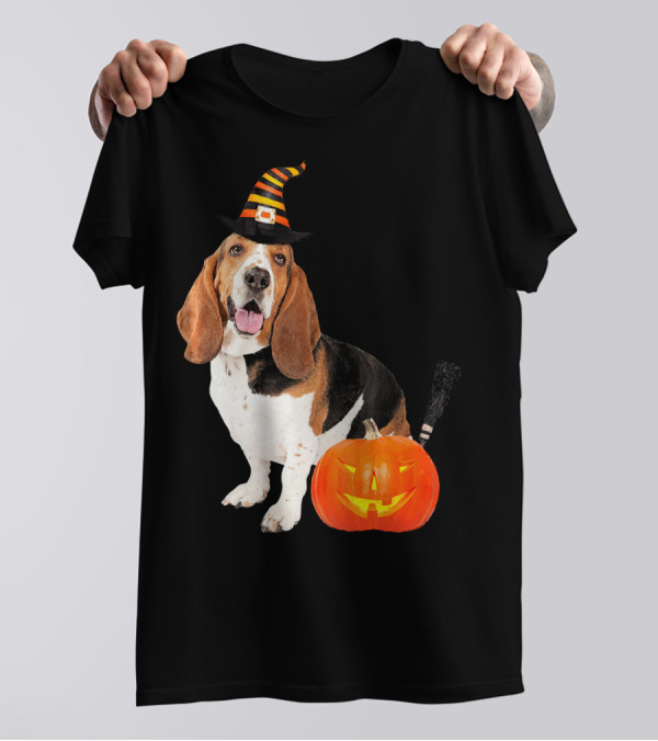 Basset Hound Witch Hat Halloween Dog Costume Pumpkin T-Shirt