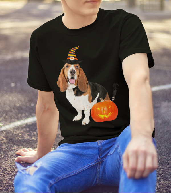 Basset Hound Witch Hat Halloween Dog Costume Pumpkin T-Shirt