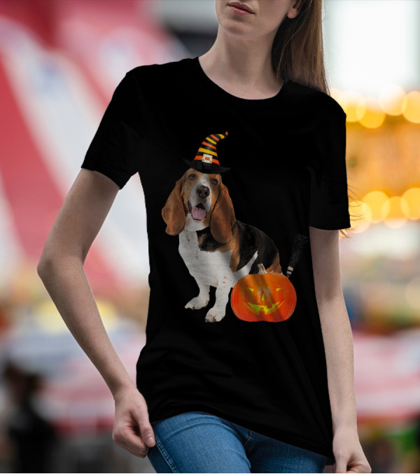 Basset Hound Witch Hat Halloween Dog Costume Pumpkin T-Shirt