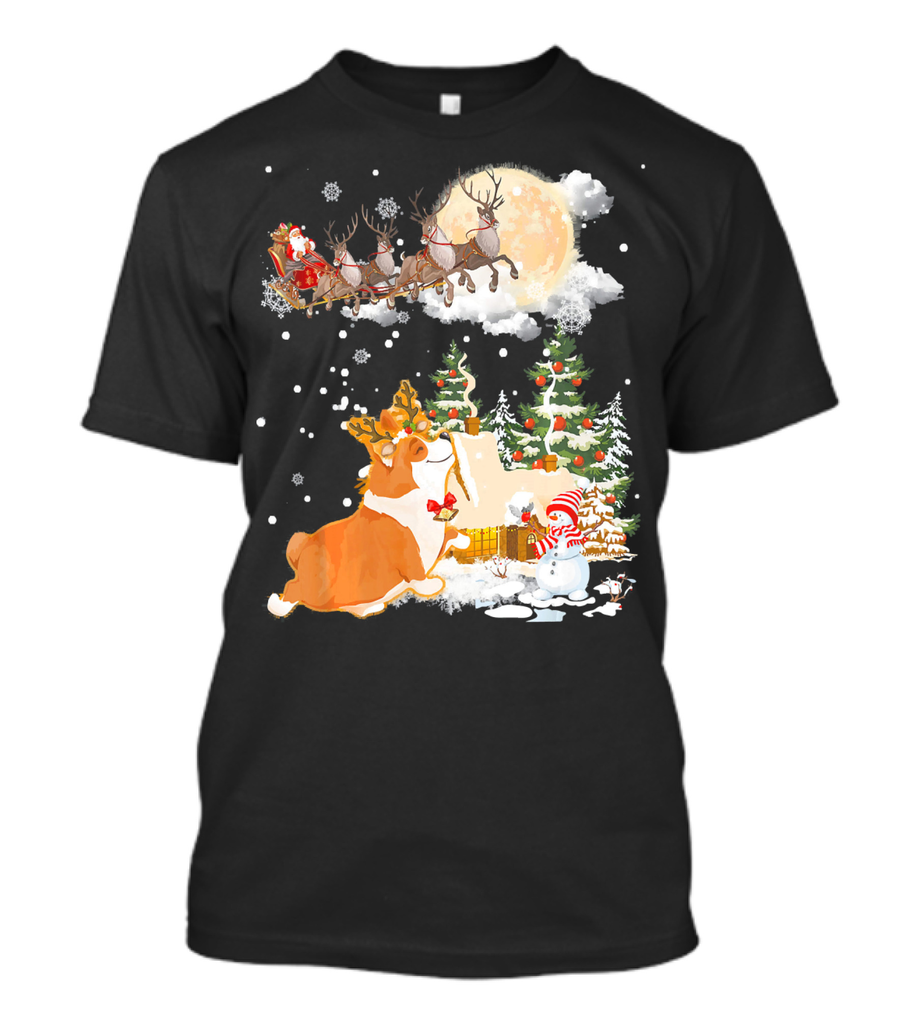 Corgi Comes To Town Santa Reindeer Christmas Scene T-Shirt