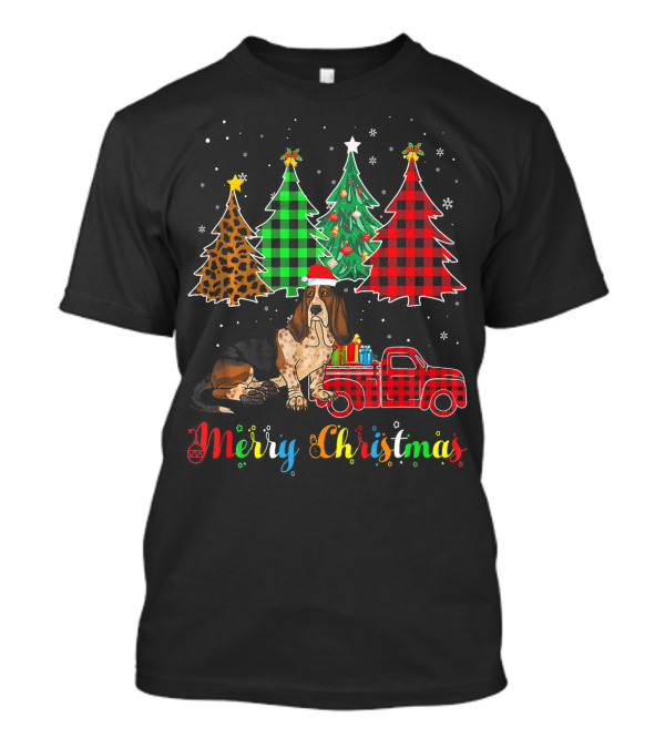 Merry Christmas Basset Hound Red Plaid Truck Festive Trees T-Shirt