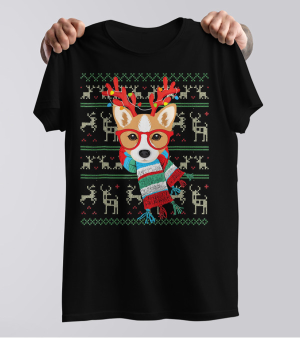 Corgi Puppy Scarf Reindeer Antlers Holiday Lights T-Shirt