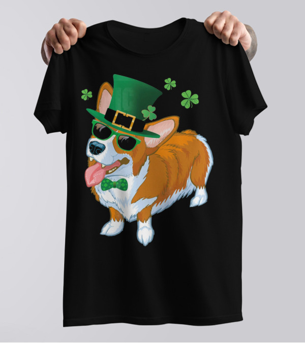 Corgi Dog Leprechaun St Patricks Day Clover Hat Bow Tie Sunglasses T-Shirt