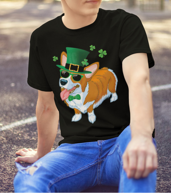 Corgi Dog Leprechaun St Patricks Day Clover Hat Bow Tie Sunglasses T-Shirt