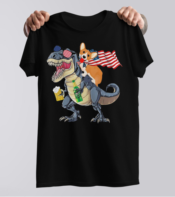 Corgi Riding Dinosaur With American Flag And Beer T-Shirt