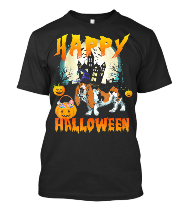 Happy Halloween Basset Hound Haunted House Pumpkins T-Shirt