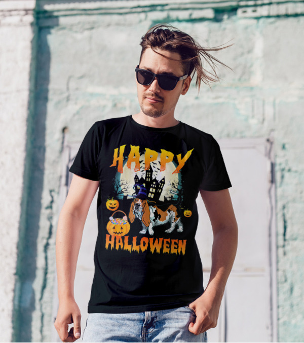 Happy Halloween Basset Hound Haunted House Pumpkins T-Shirt