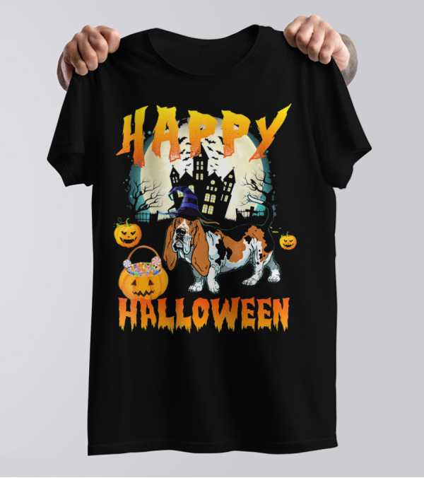 Happy Halloween Basset Hound Haunted House Pumpkins T-Shirt