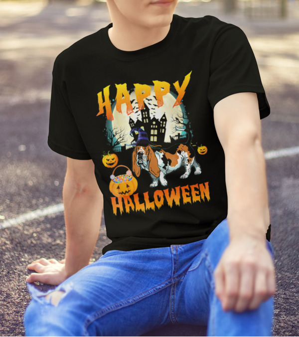 Happy Halloween Basset Hound Haunted House Pumpkins T-Shirt