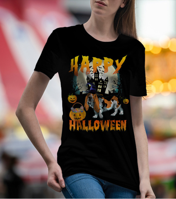 Happy Halloween Basset Hound Haunted House Pumpkins T-Shirt