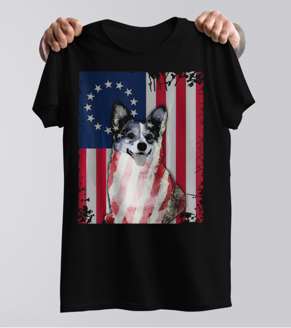 Corgi Wrapped In Betsy Ross Flag USA America Costume T-Shirt