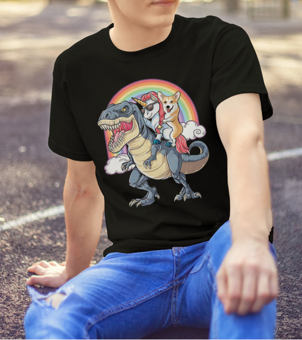 Corgi And Unicorn Ride Rex Like Boss Rainbow Adventure T-Shirt