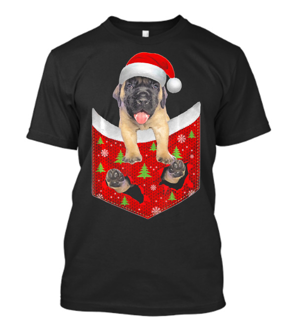 English Mastiff Dog In Santa Hat Christmas Pocket T-Shirt