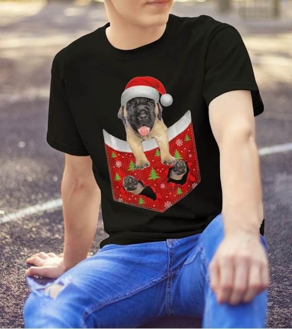 English Mastiff Dog In Santa Hat Christmas Pocket T-Shirt