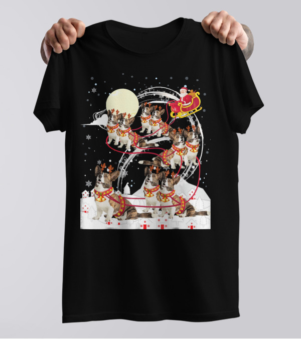 Santa Sleigh Cardigan Welsh Corgi Reindeer Christmas Scene T-Shirt