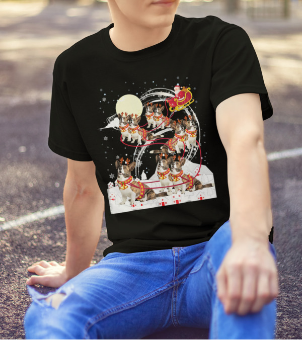 Santa Sleigh Cardigan Welsh Corgi Reindeer Christmas Scene T-Shirt