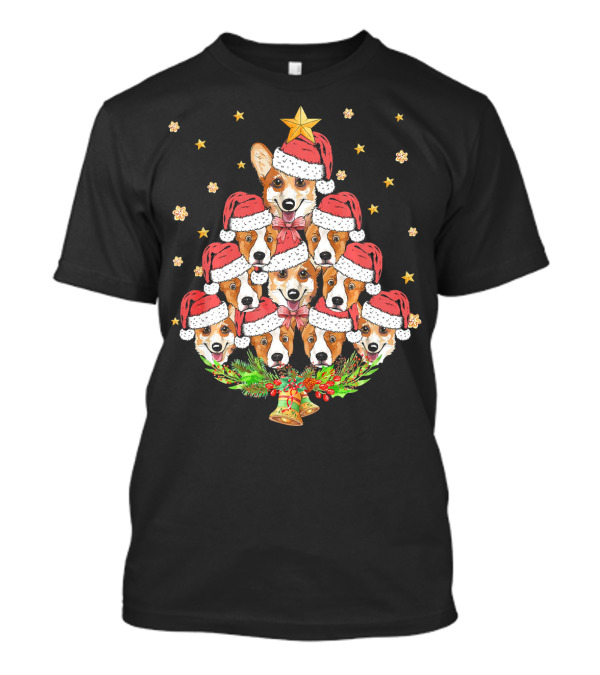 Corgi Christmas Tree With Santa Hats And Stars T-Shirt