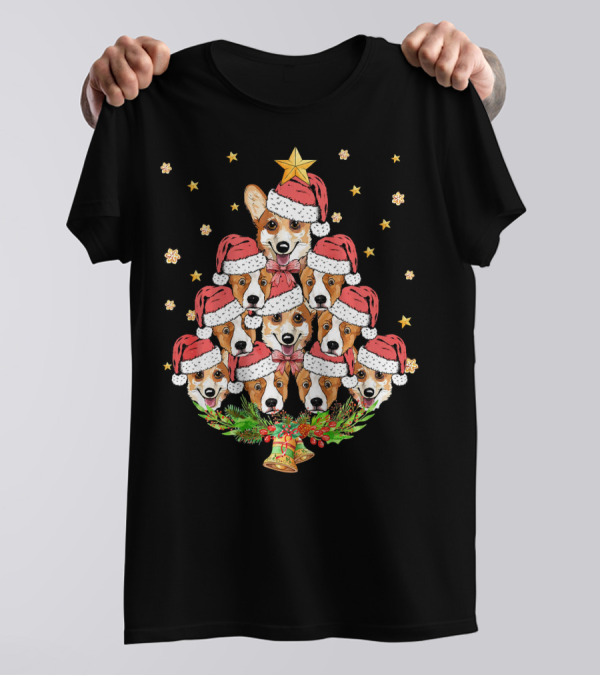 Corgi Christmas Tree With Santa Hats And Stars T-Shirt